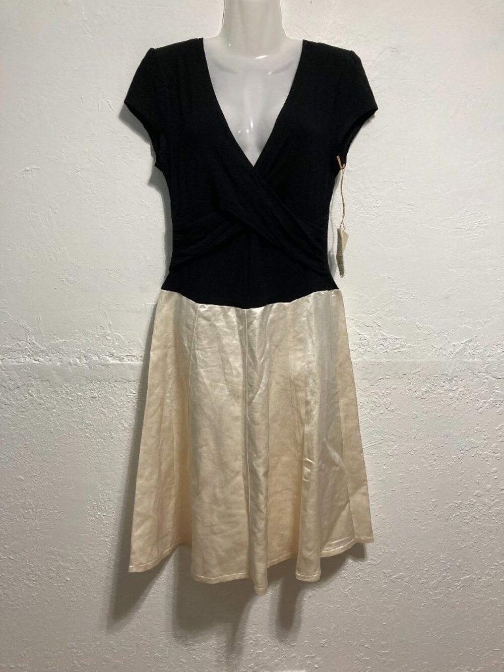NWT ecoSkin Hemp silk Dress Knee Length colorblock wrap Black Ivory Whimsigoth 8